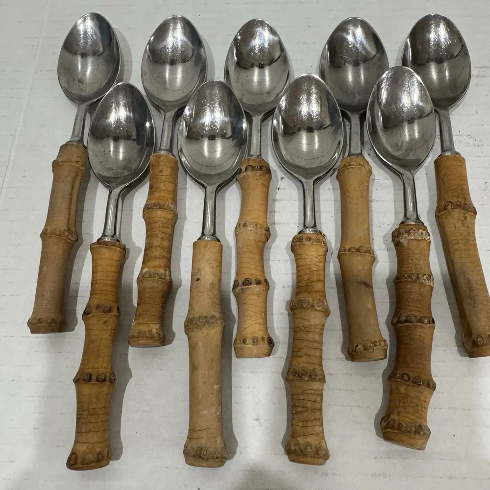 VINTAGE MID-CENTURY AUTHENTIC BAMBOO HANDLE TIKI FLATWARE STAINLESS STEEL JAPAN